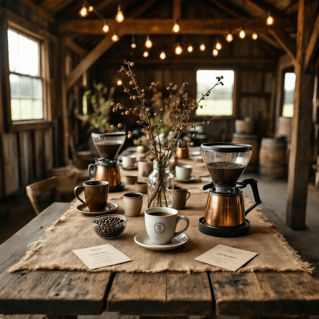 Fresh Brew Magic: The Ultimate Guide to Coffee Makers with Grinders Cinematic overhead shot of a cozy coffee cupping session in a rustic barn, featuring reclaimed wood tables with burlap runners, mason jar centerpieces, vintage ceramic mugs, and copper coffee makers, all illuminated by warm Edison bulb lights.
