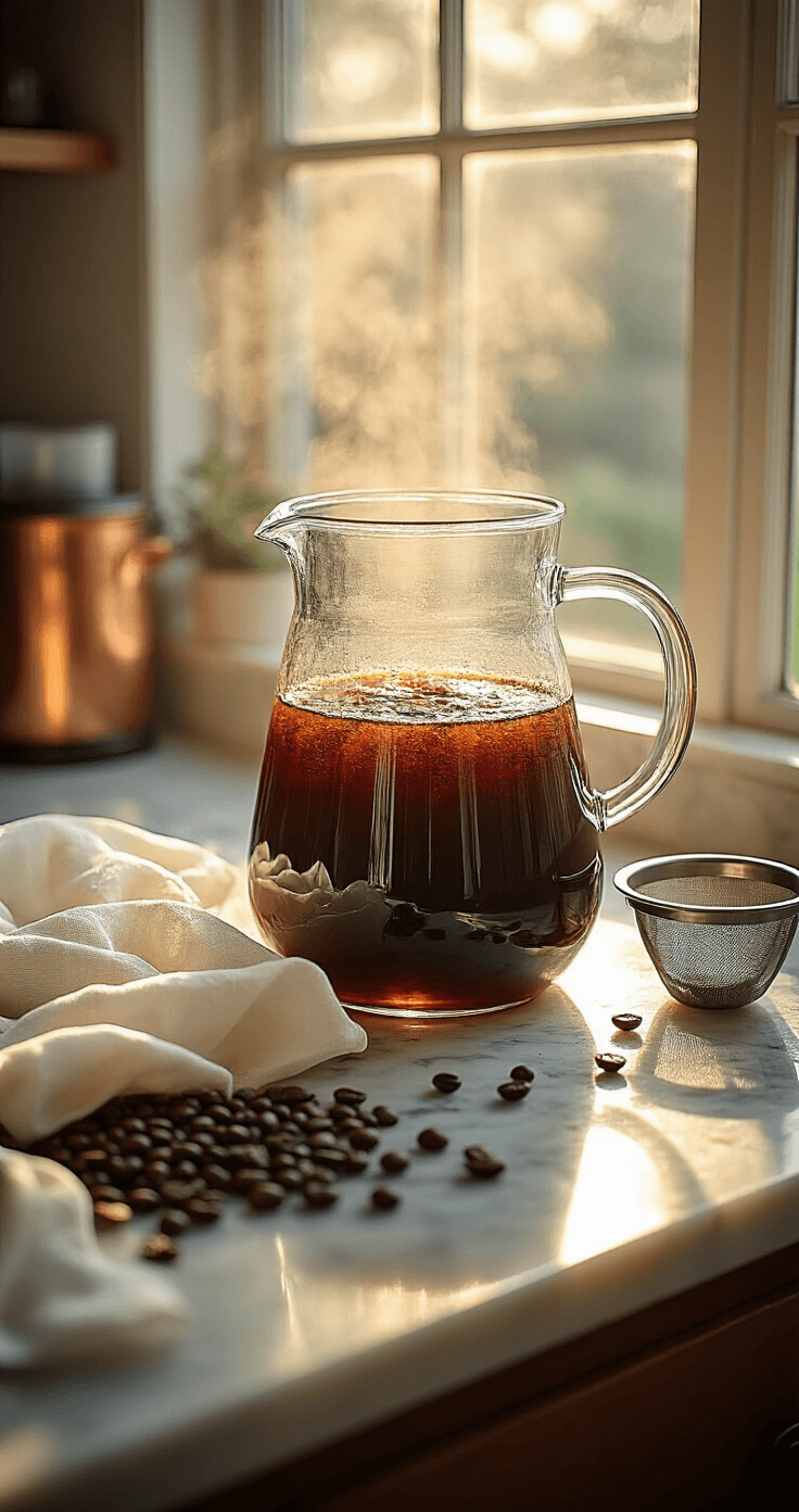 Creamy Vanilla Cold Brew: The Ultimate Homemade Coffeehouse-Style Drink Cinematic overhead view of a cold brew coffee preparation station, showcasing a large glass pitcher with dark coffee grounds and clear water, golden morning light reflecting on a marble countertop scattered with coffee beans, featuring a fine mesh strainer and white cheesecloth, all set in a professional kitchen with warm copper accents.