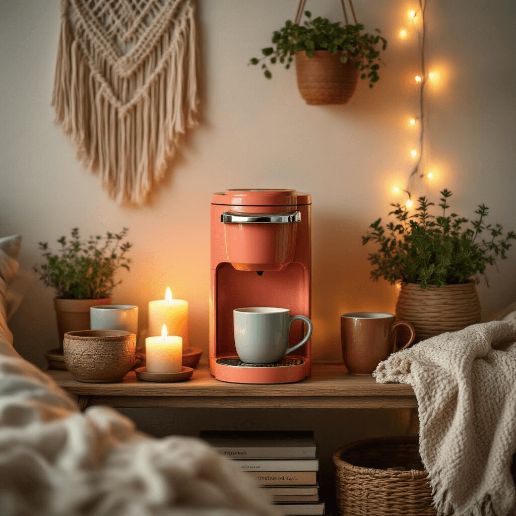 The Ultimate Guide to Creating a Stunning Keurig Coffee Bar: From Setup to Style Cozy coffee nook in a small living space, featuring a coral Keurig K-Mini on a vintage cart, surrounded by warm candlelight, macrame wall hanging, earthy ceramic mugs, and potted herbs, with soft textures and fairy lights creating a warm, intimate atmosphere.