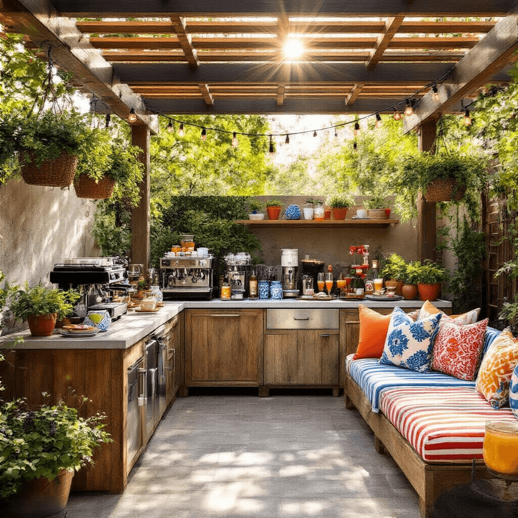 How to Create the Perfect Home Coffee Bar: A Comprehensive Guide A whimsical outdoor drink station in a stylish backyard, featuring teak surfaces, colorful ceramic pieces, and a variety of beverage options, surrounded by patterned textiles and fresh herbs, illuminated by midday sun filtering through pergola slats.
