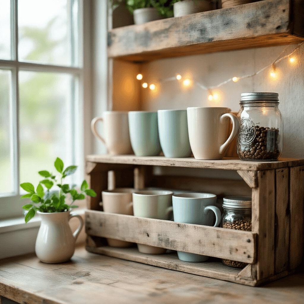 Creating the Perfect Home Coffee Bar: A Stylish and Functional Guide Intimate close-up of a DIY coffee bar on a sideways vintage wooden crate, featuring mismatched pastel mugs, mason jar storage, warm LED string lights, and a fresh mint sprig, illuminated by soft natural daylight.
