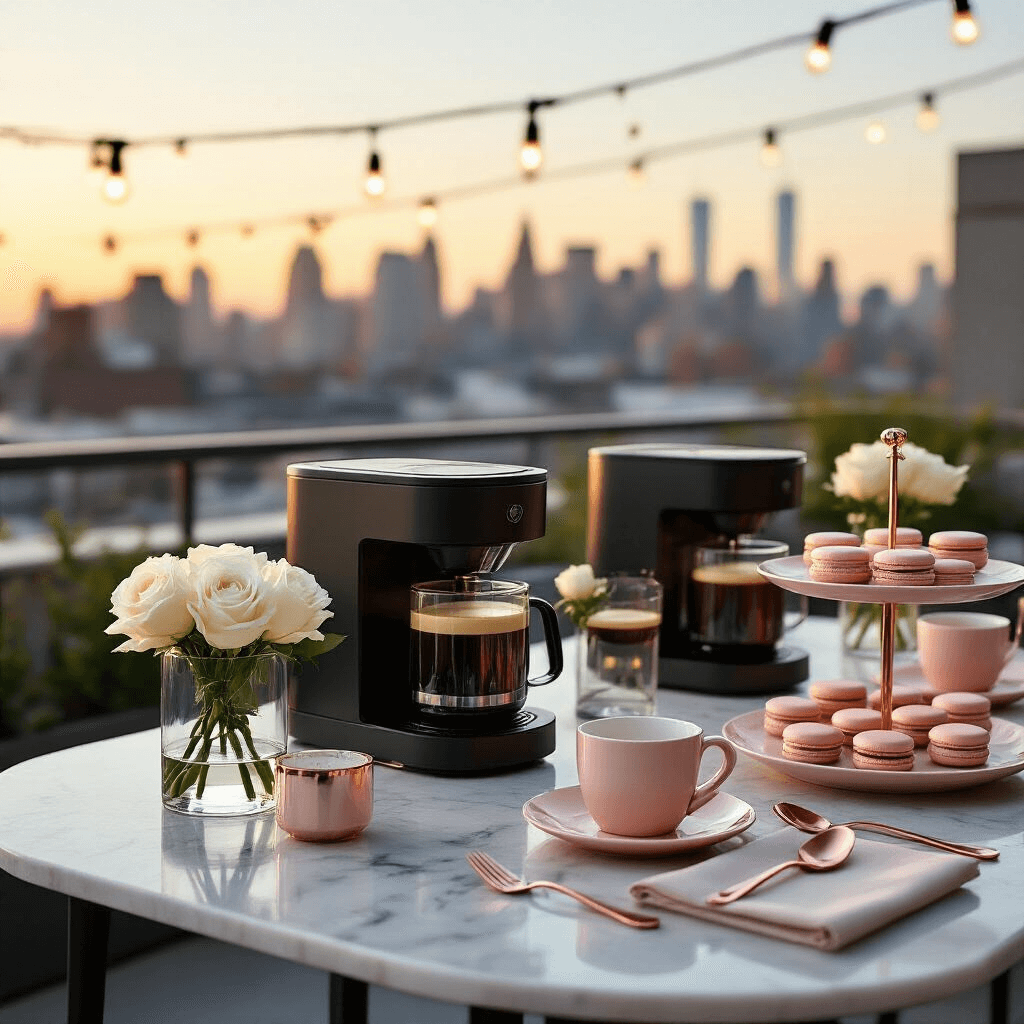 Fresh Brew Magic: The Ultimate Guide to Coffee Makers with Grinders Close-up detail of an upscale coffee and dessert pairing event on a modern rooftop terrace during golden hour, featuring sleek marble-top tables with single-stem white roses, premium matte black coffee makers, and tiered stands with coffee-infused macarons and petit fours, all set against a city skyline illuminated by fairy lights.