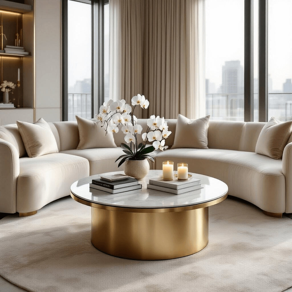 The Ultimate Guide to Round Coffee Tables: Transform Your Space with Style and Functionality Photorealistic wide-angle view of a modern living room featuring a round glass coffee table with a gold base, surrounded by cream velvet sofas, illuminated by soft morning light through floor-to-ceiling windows, accented with coffee table books, white orchids, and vanilla candles in a palette of ivory, champagne gold, and soft taupe.