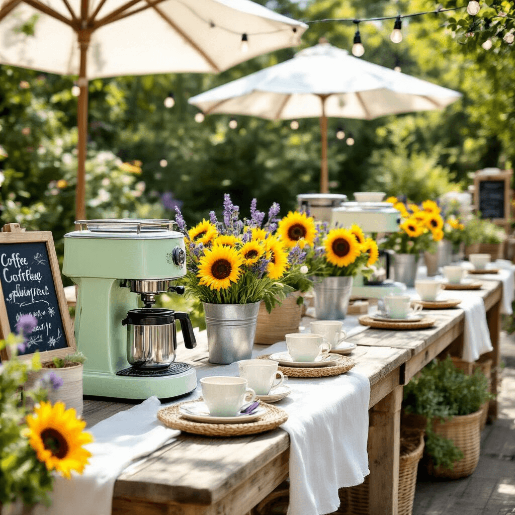 Fresh Brew Magic: The Ultimate Guide to Coffee Makers with Grinders A whimsical coffee-themed brunch in a sun-drenched garden with long wooden tables adorned with white cotton runners, vibrant flower arrangements, vintage coffee makers, mismatched china cups, and charming bistro lights.
