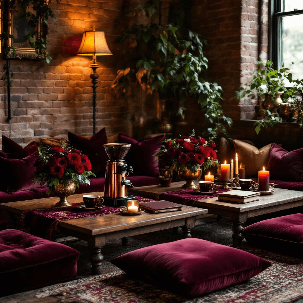 Fresh Brew Magic: The Ultimate Guide to Coffee Makers with Grinders A cozy, moody living room setup for a coffee appreciation evening, featuring exposed brick walls, plush velvet floor cushions in jewel tones, elegant copper coffee makers, deep red roses in brass vases, ornate gold-rimmed cups, leather-bound journals, and ambient lighting from vintage floor lamps, evoking a luxurious speakeasy atmosphere.