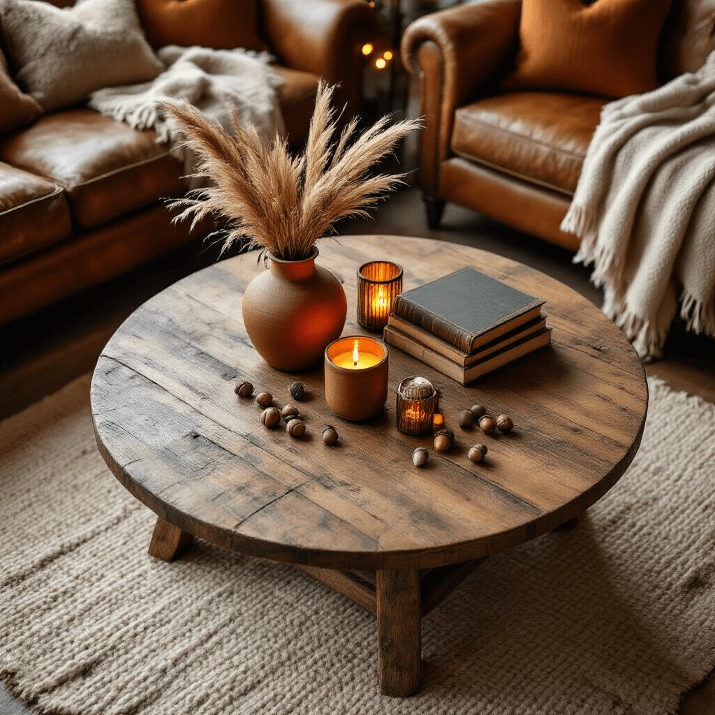 The Ultimate Guide to Round Coffee Tables: Transform Your Space with Style and Functionality Cinematic overhead view of a rustic round wooden coffee table adorned with autumn decor in a cozy living room, featuring dried pampas grass, vintage books, and warm candlelight, set on a jute and cream wool rug with a worn leather sofa and soft string lights in a warm color palette.