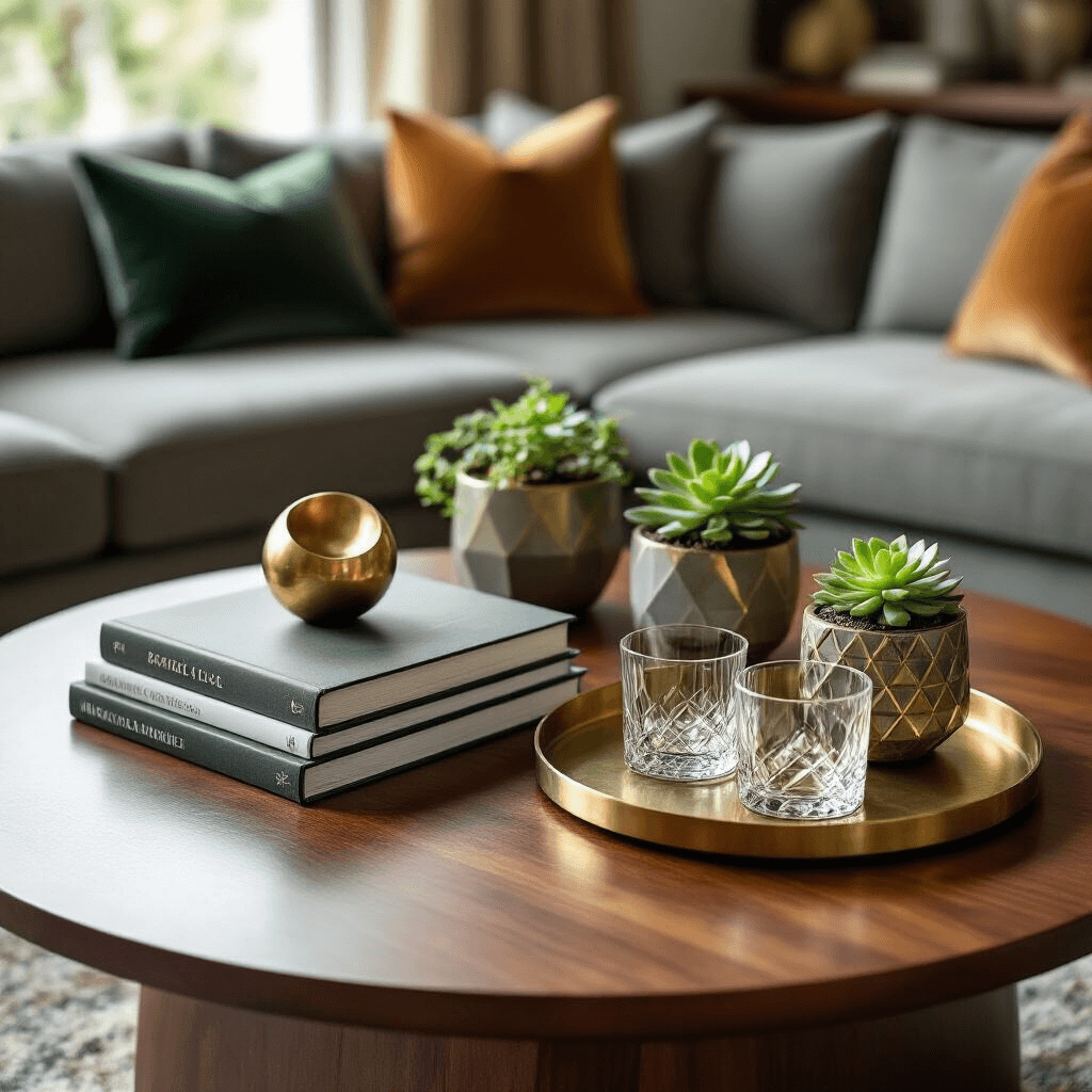 The Ultimate Guide to Round Coffee Tables: Transform Your Space with Style and Functionality Close-up shot of a mid-century modern walnut coffee table vignette featuring glossy books, a brass sculpture, geometric ceramic planters with succulents, and a vintage brass tray with crystal glasses, all bathed in soft afternoon light against a backdrop of a gray sectional sofa with velvet pillows.