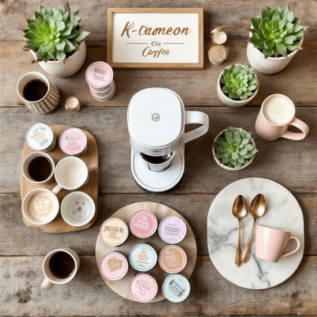 Mastering K-Cup Coffee Maker Photography: The Ultimate Content Creator's Guide Overhead view of a stylish K-Cup coffee station featuring a white coffee maker, colorful K-Cup pods in geometric arrangements, textured mugs, a marble tray, and potted succulents, all set on a rustic wooden surface with blush pink and cream tones and metallic gold accents, illuminated by soft diffused lighting.
