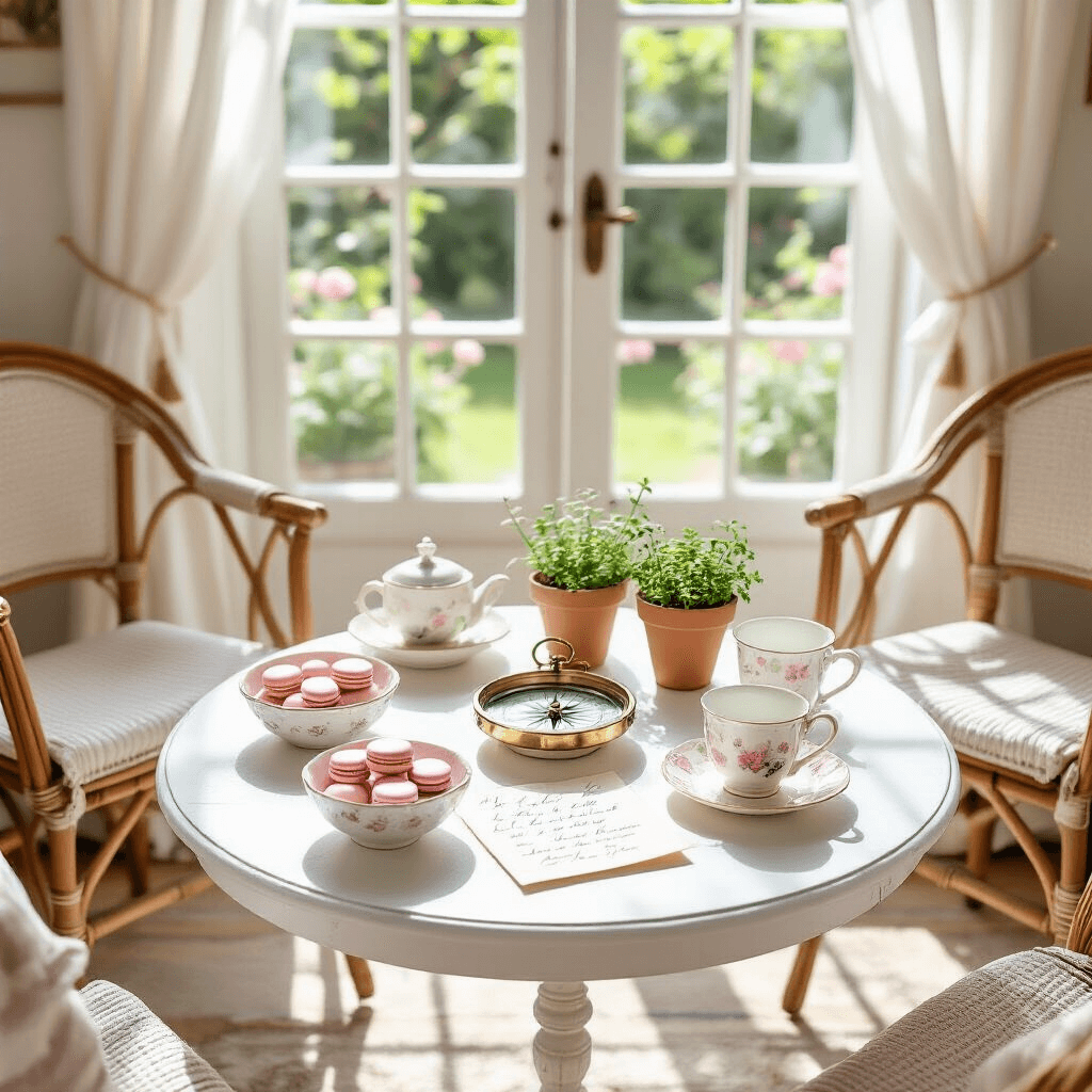 The Ultimate Guide to Round Coffee Tables: Transform Your Space with Style and Functionality Whimsical flat lay of a vintage round coffee table styled for gatherings, featuring pastel macarons, a brass compass, potted herbs, and a porcelain tea set, in a sunlit breakfast nook with French doors and bistro chairs.