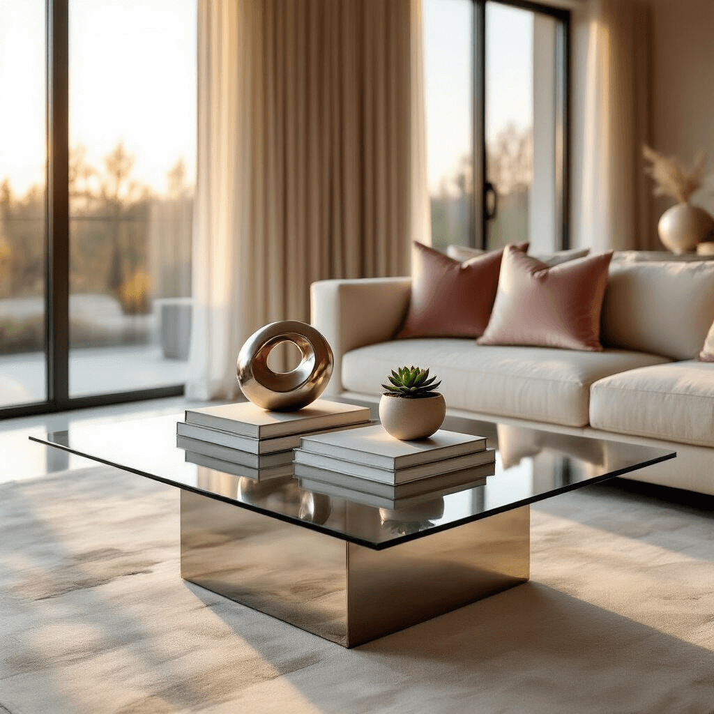 Coffee Table Styling: The Ultimate Guide to Creating a Stunning Living Room Centerpiece Photorealistic wide-angle shot of a modern living room at golden hour, featuring a glass coffee table with art books, a metallic sculpture, and a succulent, illuminated by soft sunlight through large windows, with a minimalist sofa adorned with blush and ivory silk pillows.