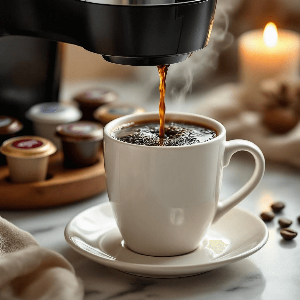 Mastering K-Cup Coffee Maker Photography: The Ultimate Content Creator's Guide Macro shot of freshly brewed coffee streaming from a modern K-Cup coffee maker into a white ceramic mug, with steam and droplets highlighted by professional lighting. Jewel-toned K-Cup pods and a wooden tray create a warm ambiance against marble surfaces, emphasizing rich browns, warm golds, and ivory tones.