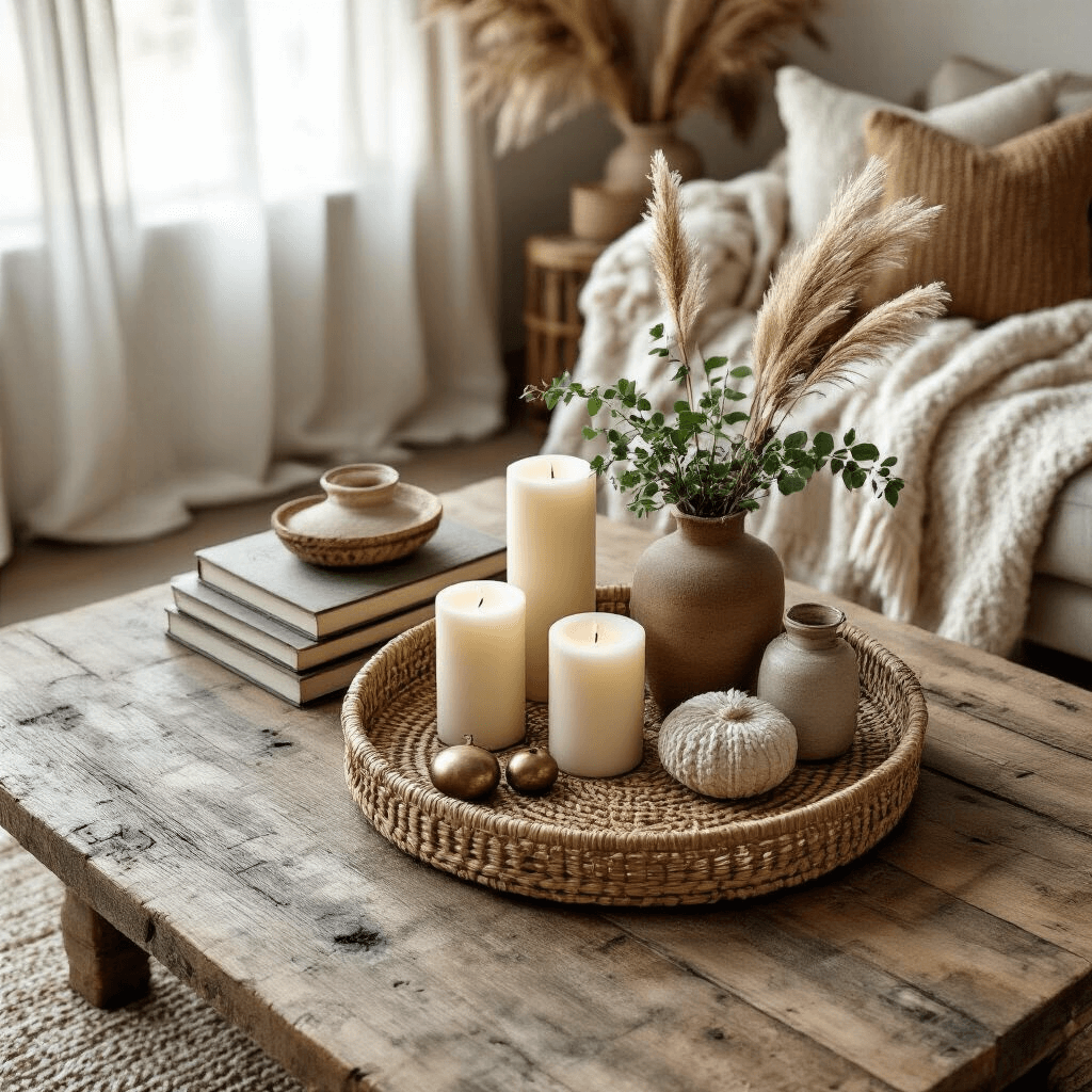 Coffee Table Styling: The Ultimate Guide to Creating a Stunning Living Room Centerpiece Overhead flat lay of a rustic farmhouse coffee table adorned with a cozy boho-inspired arrangement, featuring a rattan tray with white candles, a potted ivy plant, vintage brass trinkets, layered textiles in sage green and cream, stacked books, a ceramic vase with dried pampas grass, all illuminated by soft morning light through sheer curtains.