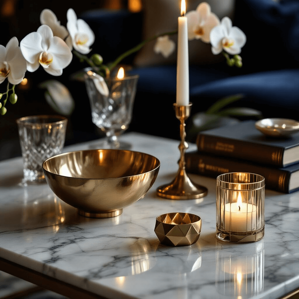 Coffee Table Styling: The Ultimate Guide to Creating a Stunning Living Room Centerpiece Cinematic close-up of an elegantly styled coffee table with flickering candles, polished marble, metallic accents, and rich velvet textures, creating a luxurious and intimate atmosphere.