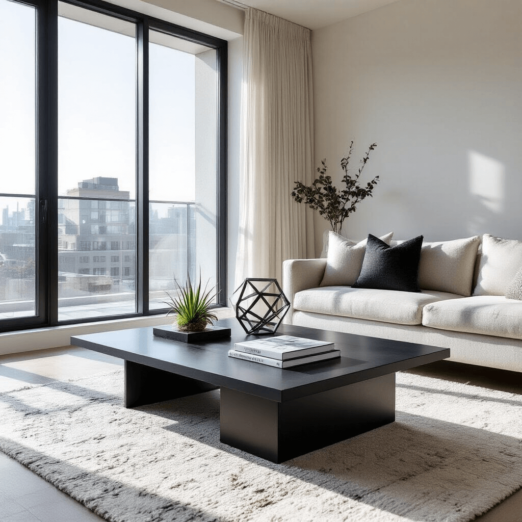 Coffee Table Styling: The Ultimate Guide to Creating a Stunning Living Room Centerpiece Wide-angle shot of a modern apartment living room filled with natural light, featuring a sleek black coffee table adorned with a coffee table book, a geometric sculpture, and an air plant in a terrarium. The monochromatic decor includes silver and white accents, with a wool rug and linen cushions adding texture to the clean, minimalist space.