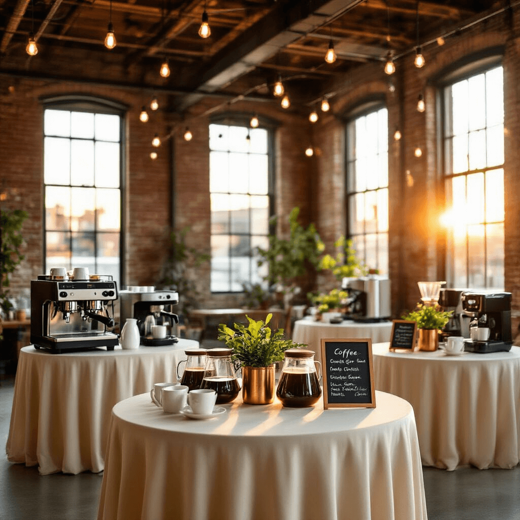 The Ultimate Guide to Coffee Makers: Brewing the Perfect Cup of Joy Wide-angle view of a sophisticated coffee tasting event in a modern loft with exposed brick, featuring cream tablecloths, various coffee makers, white mugs, and warm golden hour lighting.