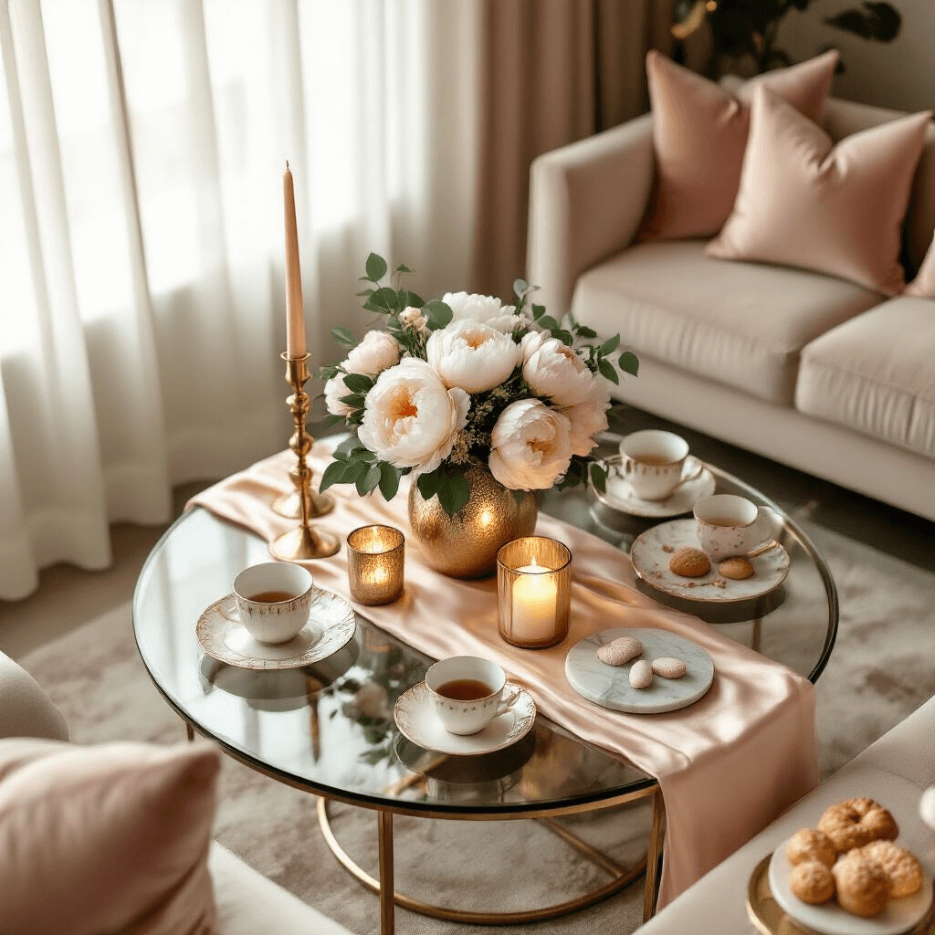 Coffee Table Event Styling: The Ultimate Guide to Creating Stunning Visual Experiences Elegant indoor living room coffee table styled for an intimate gathering during golden hour, featuring layered silk table runners, fresh white peonies in mercury glass vases, gold pillar candles, cream velvet cushions, fine ceramic coffee cups, marble coasters, and artisanal pastries on tiered stands.