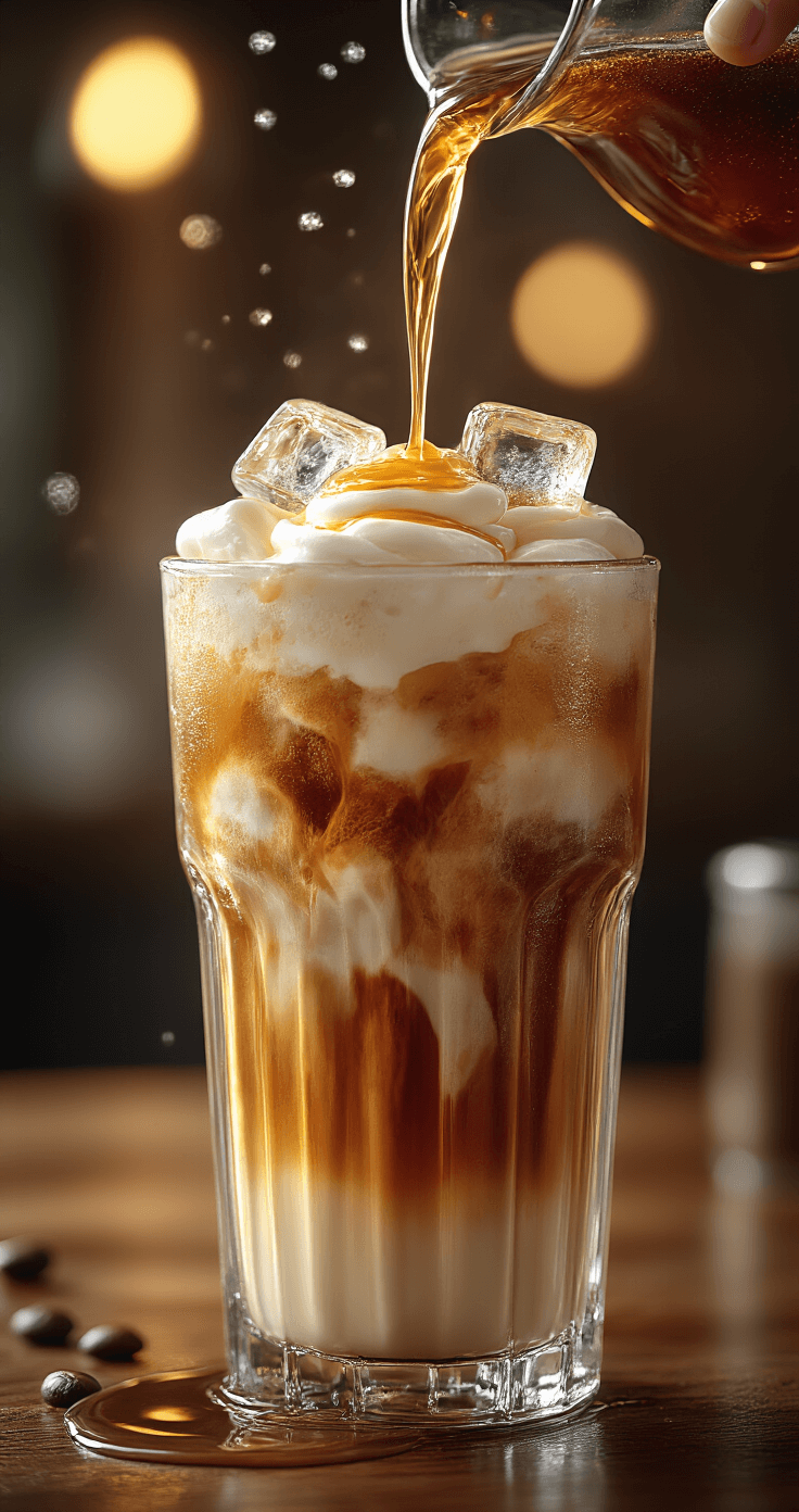 Creamy Vanilla Cold Brew: The Ultimate Homemade Coffeehouse-Style Drink Close-up of a tall glass filled with ice cubes and rich amber cold brew being poured, layered with creamy vanilla-infused sweet cream and golden syrup, showcased in warm bokeh lighting.