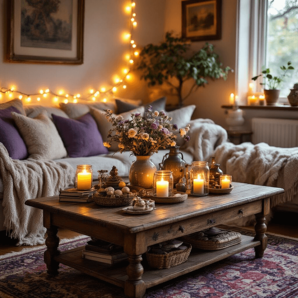 Coffee Table Styling: The Ultimate Guide to Creating a Stunning Living Room Centerpiece Cozy living room corner with warm ambient lighting, vintage wood coffee table adorned with travel souvenirs and seasonal decor, layered textiles including a Persian rug, throw blankets, fresh flowers, and candles, creating a whimsical and inviting atmosphere.