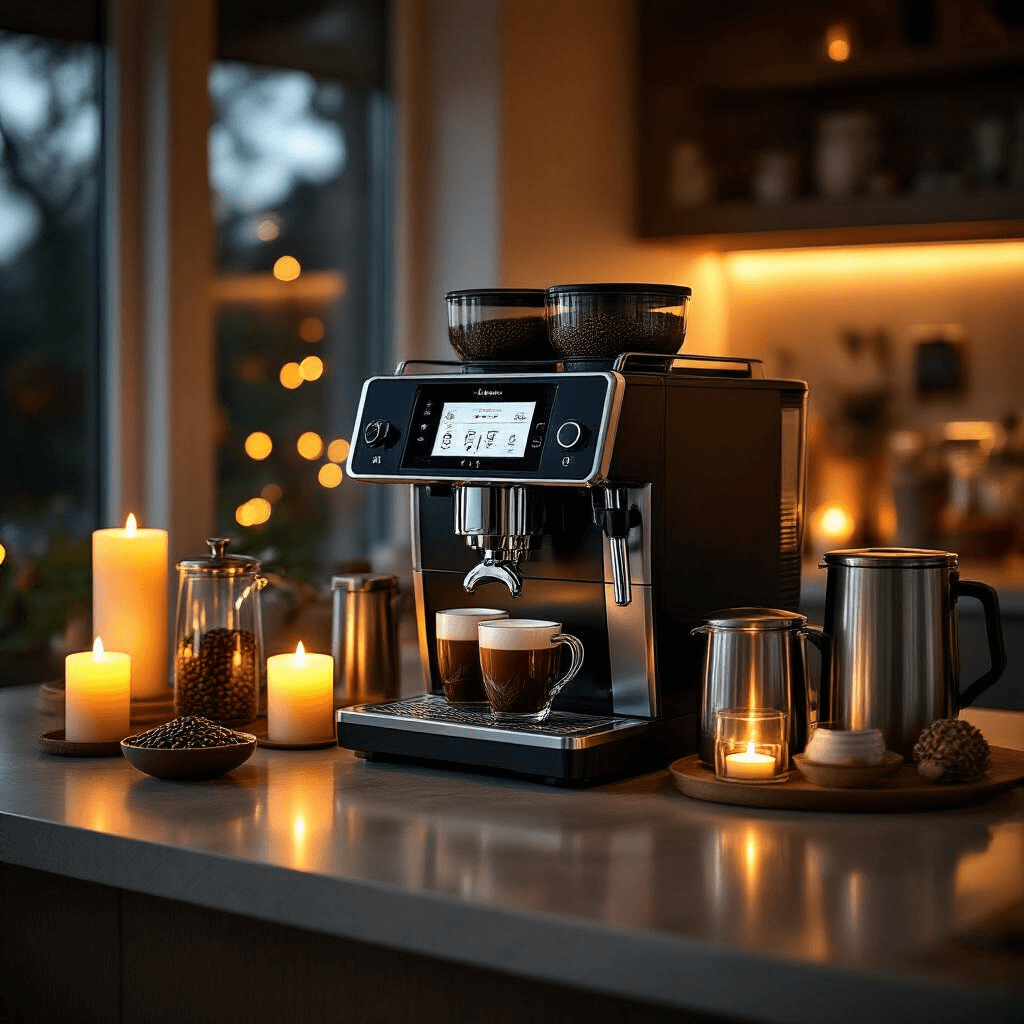 Jura Coffee Makers: The Ultimate Guide to Luxury Home Espresso A sophisticated home barista station featuring a Jura Z10 machine on a kitchen island, surrounded by professional coffee accessories and specialty coffee beans, illuminated by warm candlelight and soft focus fairy lights in the background.