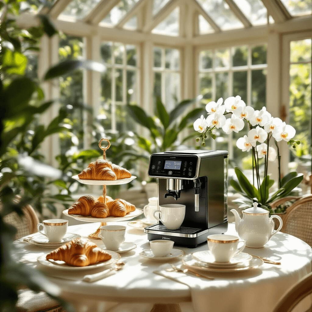 Jura Coffee Makers: The Ultimate Guide to Luxury Home Espresso A luxurious breakfast setup in a sun-drenched conservatory featuring a Jura coffee maker, round glass table with silk ivory linens, fine bone china, tiered stands of croissants, and small vases of white orchids, illuminated by natural light through glass panels.