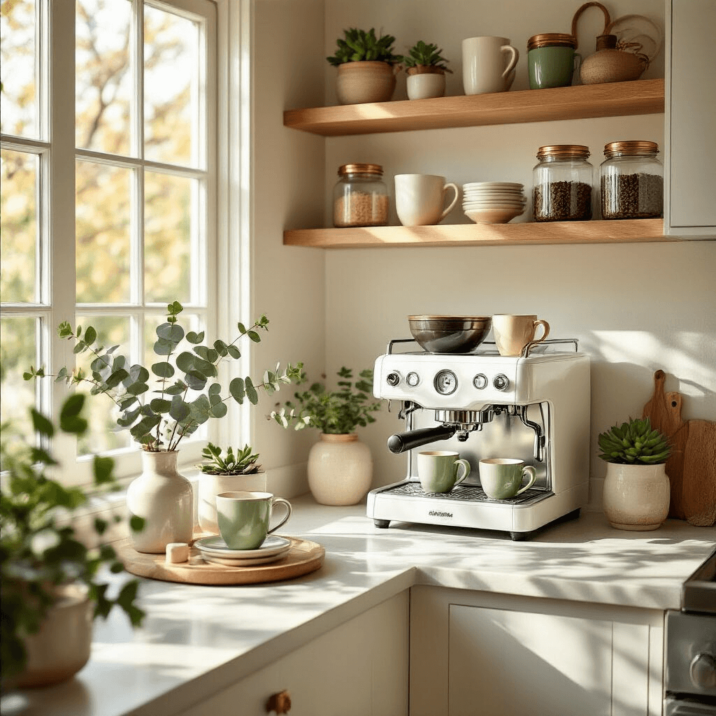 Creating the Perfect Small Coffee Bar: Maximize Space & Style in Compact Areas Wide-angle view of a compact kitchen corner featuring an elegant coffee bar with a white bar cart, vintage espresso machine, ceramic mugs, and potted succulents, illuminated by warm sunlight. Floating shelves display glass jars of coffee beans and copper accents, complemented by a vase of eucalyptus branches, showcasing minimalist functionality and cozy charm.