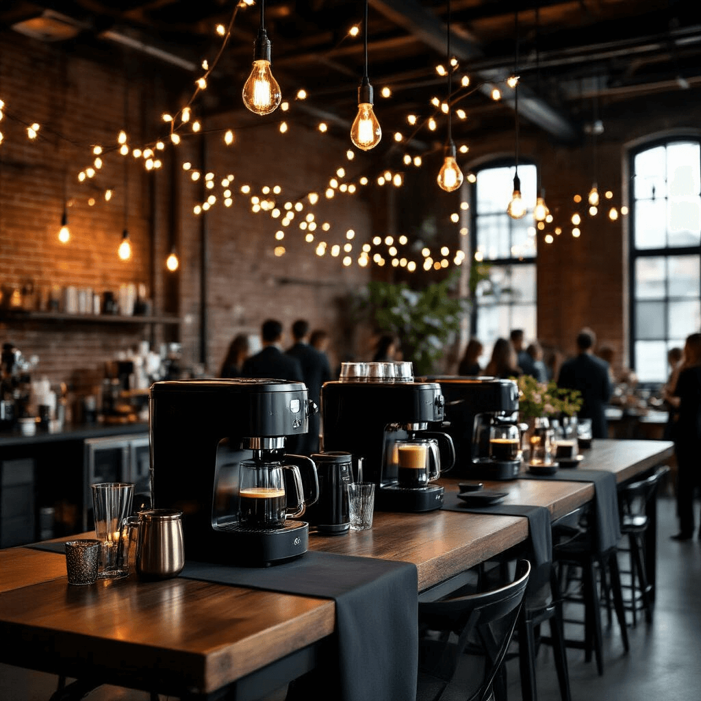 The Ultimate Guide to Single Serve Coffee Makers: Brew Your Perfect Cup Every Time Cinematic shot of a sophisticated coffee maker launch event in an industrial venue with exposed brick and steel beams, featuring dramatic fairy lights, a communal table showcasing coffee machine models, and guests mingling around cocktail tables in deep grays and warm brass accents.