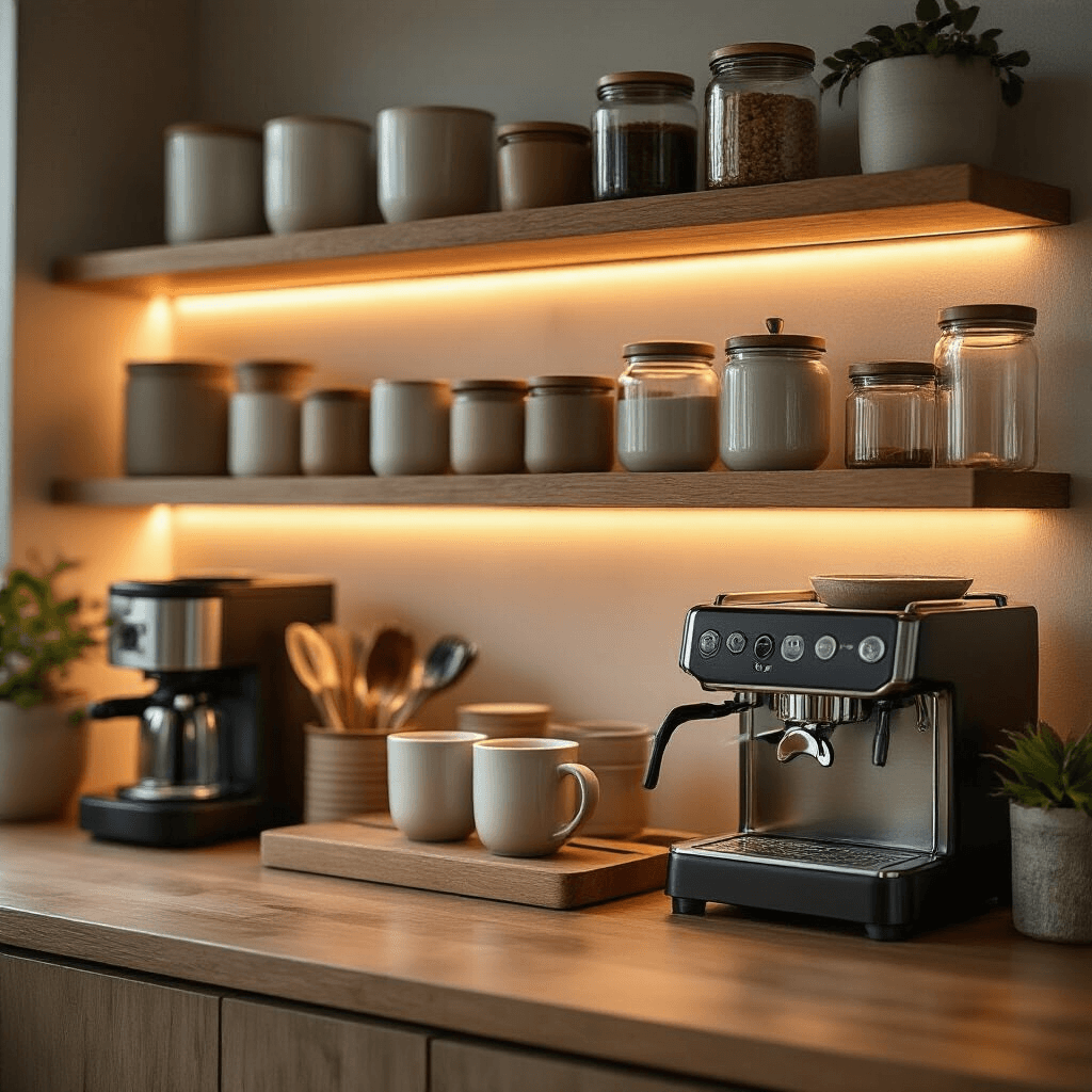 Creating the Perfect Small Coffee Bar: Maximize Space & Style in Compact Areas Close-up shot of a well-organized coffee station featuring ceramic and glass containers on wooden surfaces, illuminated by soft LED lighting, with sleek utensils on magnetic strips and tiered organizers for coffee accessories.