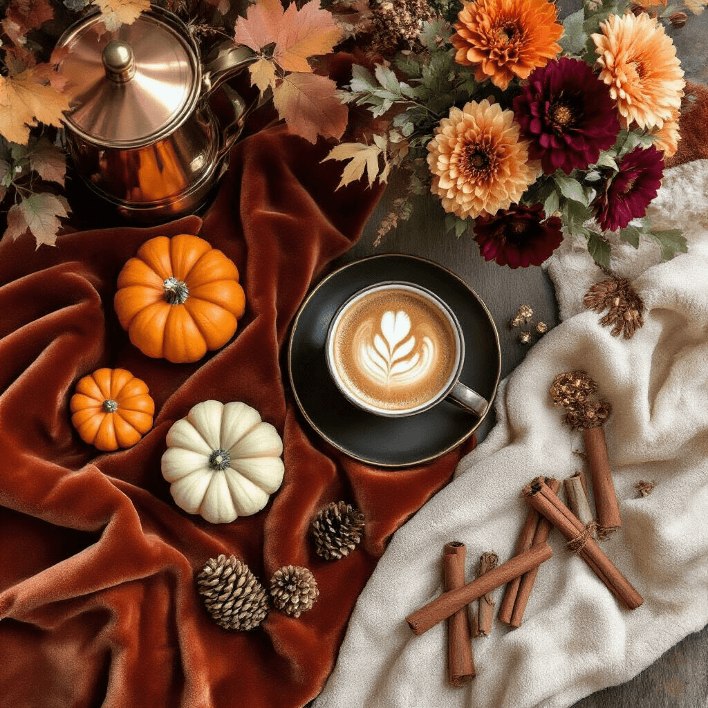 Creating the Perfect Small Coffee Bar: Maximize Space & Style in Compact Areas Overhead flat lay of a cozy autumn-themed coffee bar featuring decorative pumpkins, cinnamon sticks, velvet textiles, and seasonal flowers, illuminated by golden hour light.