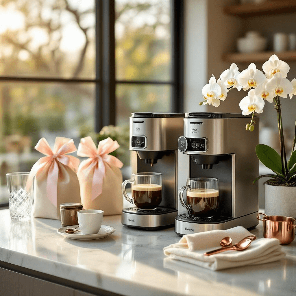 The Ultimate Guide to Single Serve Coffee Makers: Brew Your Perfect Cup Every Time Detail shot of an upscale coffee maker station featuring premium machines, artisanal accessories, and elegant decor in a luxury kitchen showroom during golden hour.