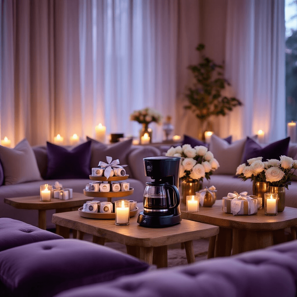 The Ultimate Guide to Single Serve Coffee Makers: Brew Your Perfect Cup Every Time A cozy coffee maker gifting party in a stylish living room, featuring low wooden tables with plush lavender and cream cushions, multiple coffee makers on tiered stands, beautifully wrapped coffee pod samplers, ambient candlelight, fresh white roses in vintage brass containers, and sheer curtains filtering evening light.