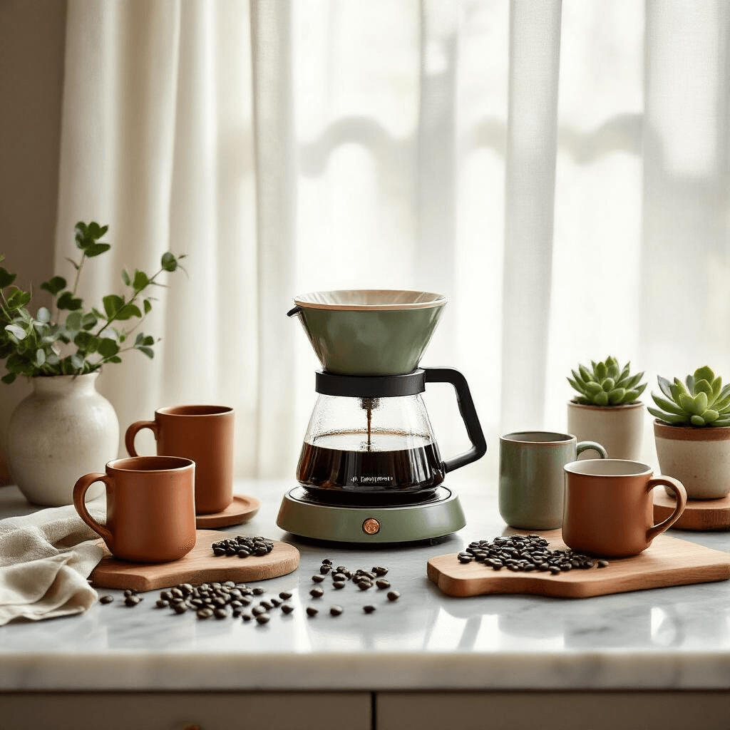The Ultimate Guide to Coffee Makers: Brewing the Perfect Cup of Joy Overhead flat lay of a cozy kitchen coffee maker setup featuring a vintage drip coffee maker, artisanal ceramic mugs, coffee beans, succulents, and specialty coffee accessories on a marble countertop, all bathed in soft morning light.