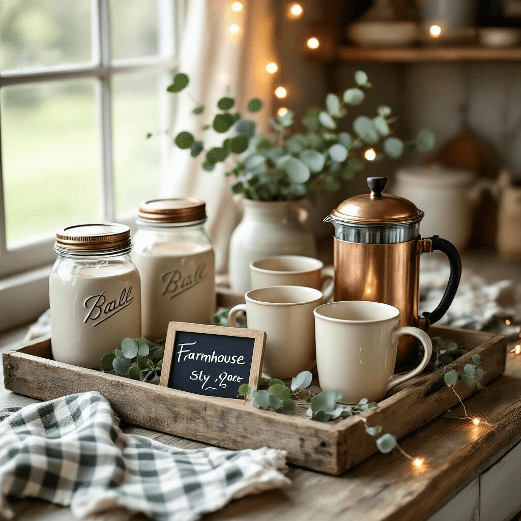 Create Your Perfect Kitchen Counter Coffee Bar: A Stylish & Functional Guide Cozy farmhouse coffee station with vintage mason jars, rustic copper French press, cream-colored mugs, and fresh eucalyptus on reclaimed wood countertops, illuminated by soft fairy lights during golden hour.