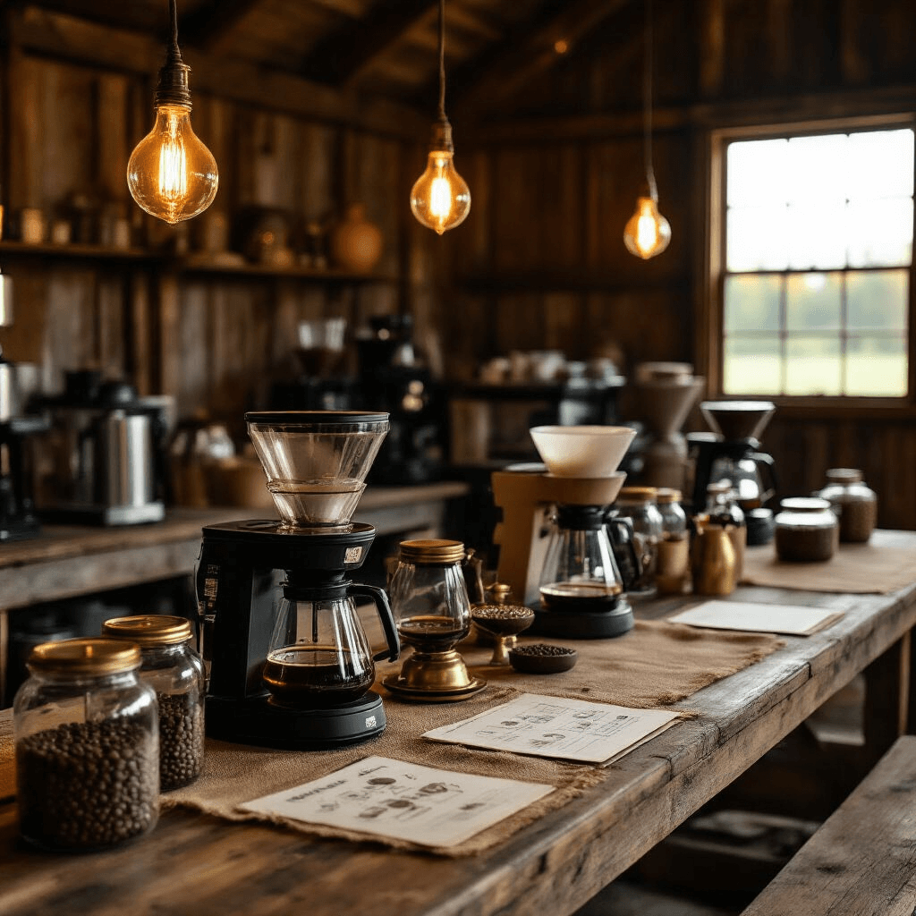 The Ultimate Guide to Choosing the Perfect Drip Coffee Maker in 2024 An educational coffee brewing workshop in a rustic barn with warm Edison lighting, featuring long distressed wood tables, multiple coffee makers, burlap runners, and vintage brass scales, surrounded by displays of coffee beans in jars and brewing charts, creating a cozy, artisanal atmosphere.