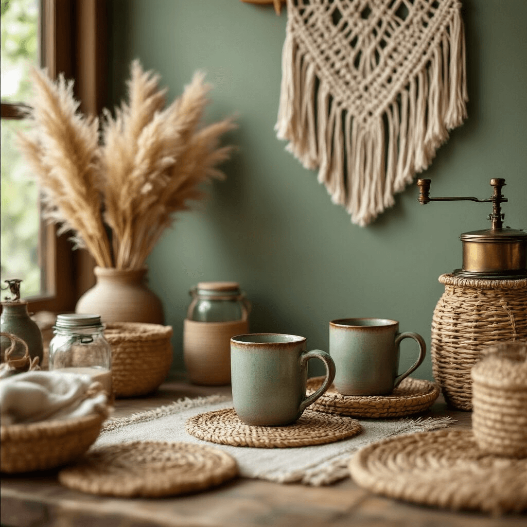 Create Your Perfect Kitchen Counter Coffee Bar: A Stylish & Functional Guide Close-up of a boho chic coffee nook with woven rattan accessories and macramé wall hangings, featuring handcrafted ceramic mugs, a vintage brass coffee grinder, and dried pampas grass in woven baskets. Soft textiles and mason jar string lights enhance the warm, intimate atmosphere.