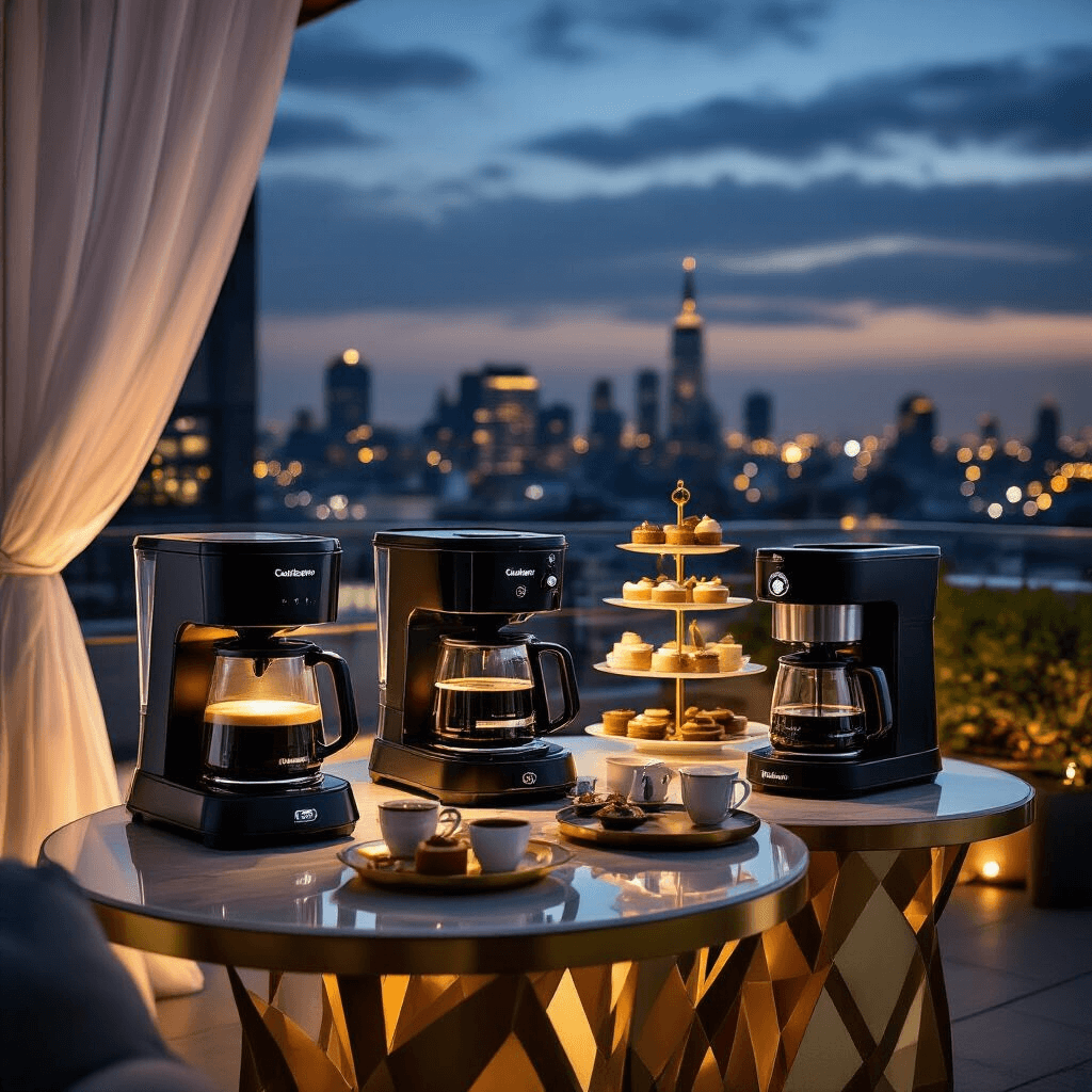 The Ultimate Guide to Choosing the Perfect Drip Coffee Maker in 2024 A luxurious rooftop terrace at night showcasing top coffee makers with uplighting, round glass tables with geometric gold bases, sheer drapery, dessert stands with coffee-themed treats, and twinkling city lights in the background.