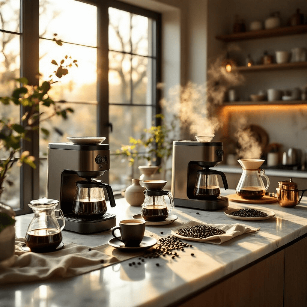 The Ultimate Guide to Drip Coffee Makers: Brewing Perfection Made Easy Photorealistic scene of a sunlit modern apartment kitchen showcasing a coffee-themed morning event, featuring sleek drip coffee makers, artisanal brewing demonstrations, and an inviting color palette of warm amber, cream, and espresso brown.
