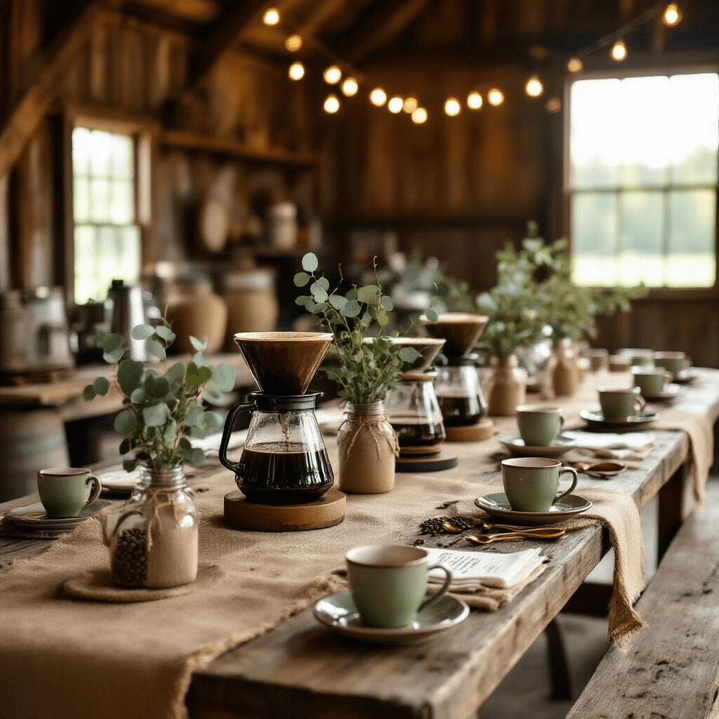 The Ultimate Guide to Drip Coffee Makers: Brewing Perfection Made Easy A cozy rustic barn coffee cupping party with weathered wooden tables, vintage ceramic cups, and artisanal brewing equipment, illuminated by soft morning light and string lights, featuring burlap table runners and mason jar centerpieces filled with coffee beans and eucalyptus.