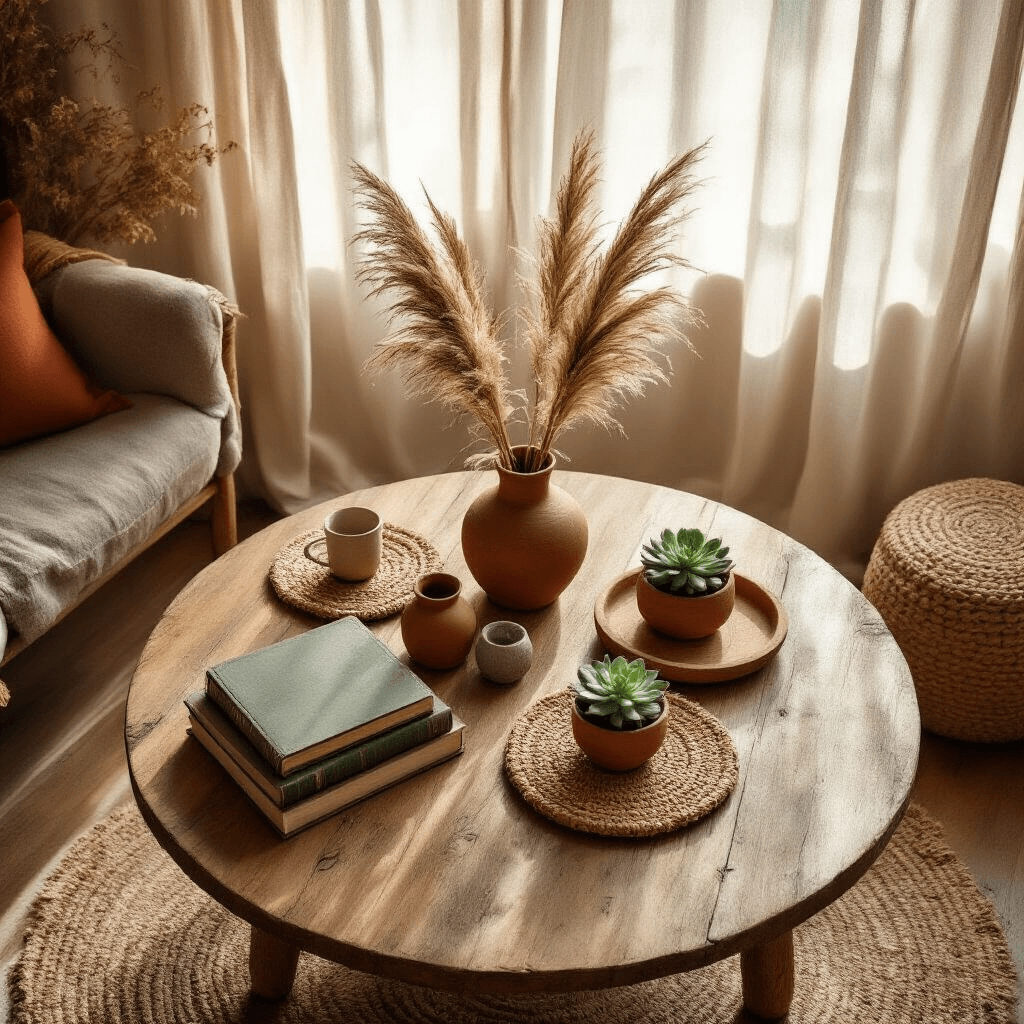 Styling a Round Coffee Table: The Ultimate Guide to Creating a Stunning Centerpiece Overhead flat lay of a boho-chic coffee table in a cozy living space, featuring a reclaimed wood table, terracotta vessels, dried pampas grass, vintage books, succulents, and layered textiles in golden hour lighting.