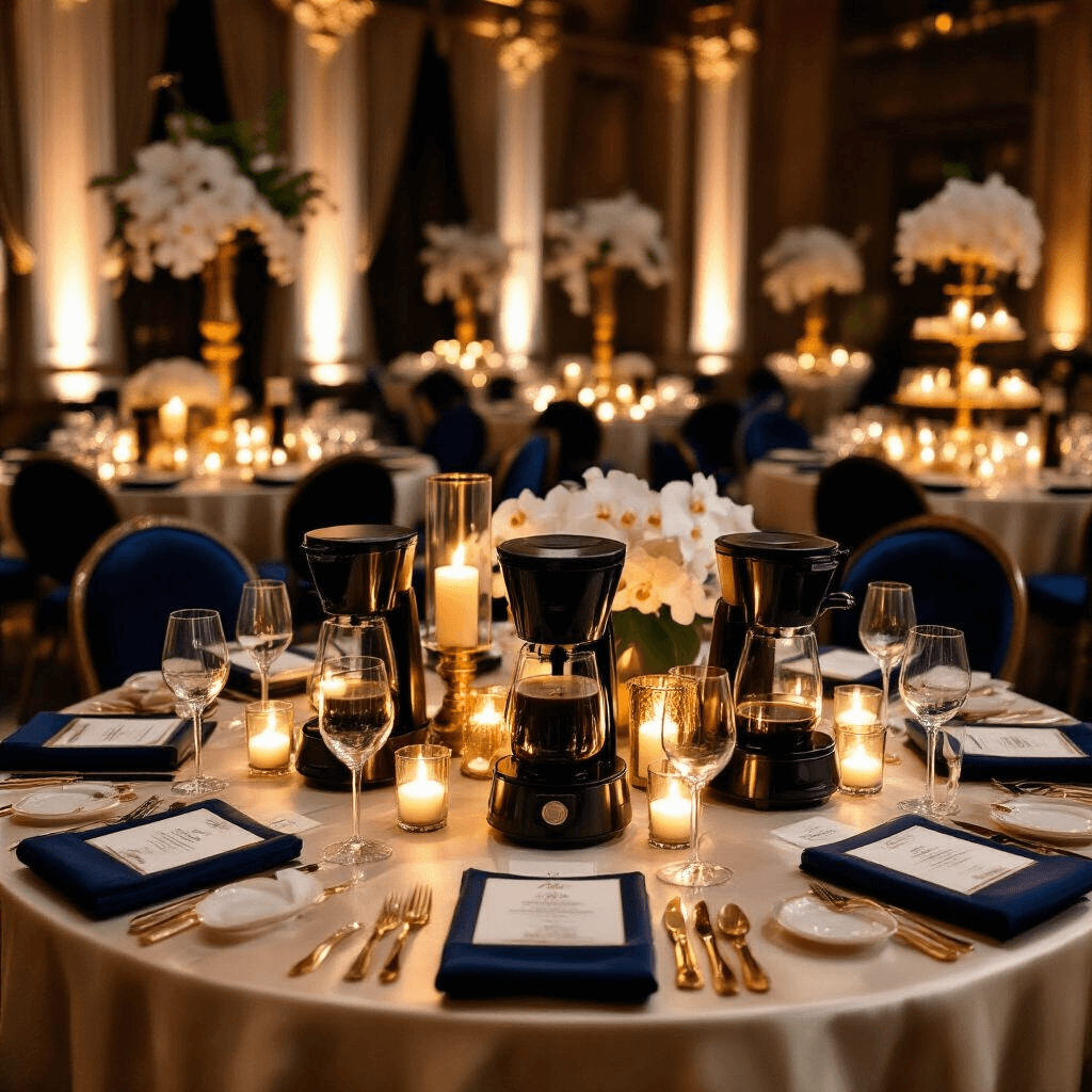 The Ultimate Guide to Drip Coffee Makers: Brewing Perfection Made Easy Sophisticated coffee appreciation evening in an upscale ballroom, featuring round tables with ivory silk linens, premium drip coffee makers, flickering candles in gold holders, and elegant decor in deep navy, gold, and cream, complemented by crystal glassware and fresh orchids, with gourmet coffee beans displayed, all captured in dramatic moody lighting.