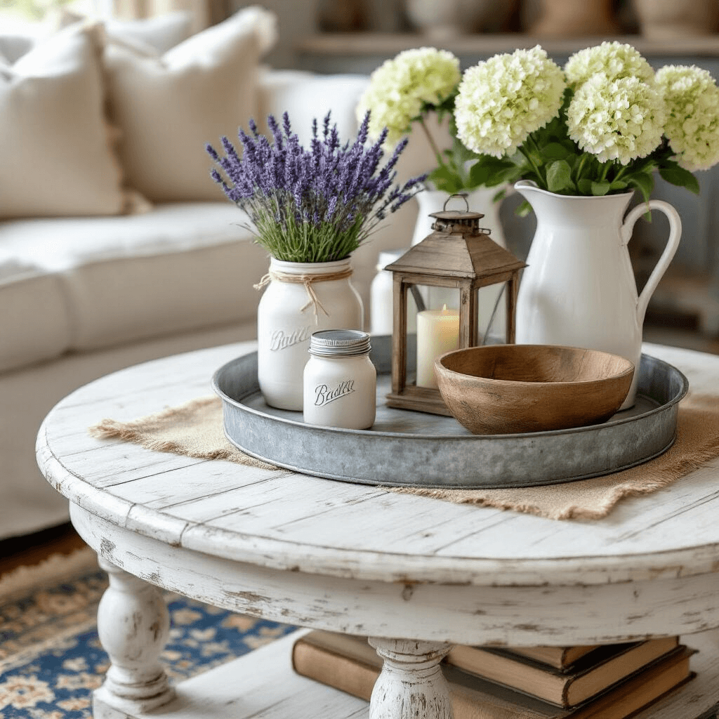 Styling a Round Coffee Table: The Ultimate Guide to Creating a Stunning Centerpiece Close-up of a rustic farmhouse coffee table styled with mason jars of lavender, a wooden lantern, antique books, and white ceramic pitchers, all set in soft morning light on a vintage Persian rug.