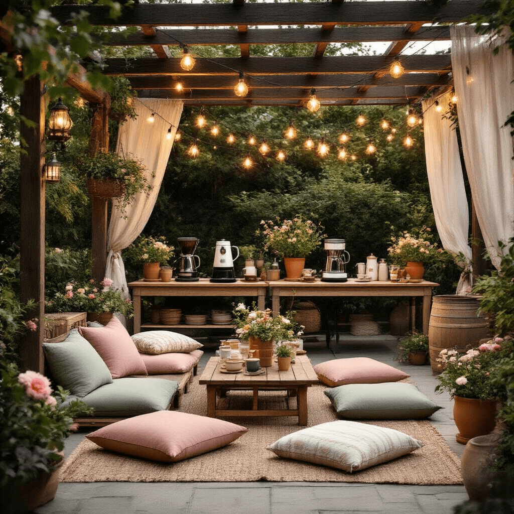 The Ultimate Guide to Drip Coffee Makers: Brewing Perfection Made Easy A whimsical coffee garden party on a stylish terrace featuring low wooden tables with sage and blush cushions, vintage coffee makers, string lights overhead, terracotta floral arrangements, and artisanal coffee accessories in a bohemian outdoor setting.