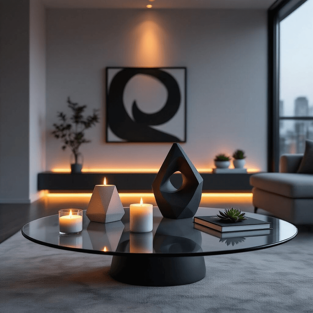Styling a Round Coffee Table: The Ultimate Guide to Creating a Stunning Centerpiece A contemporary minimalist living space featuring a round glass coffee table with candlelit geometric concrete candle holders, an abstract black ceramic sculpture, an art book, and a small succulent, all against a backdrop of city lights and soft ambient LED lighting.