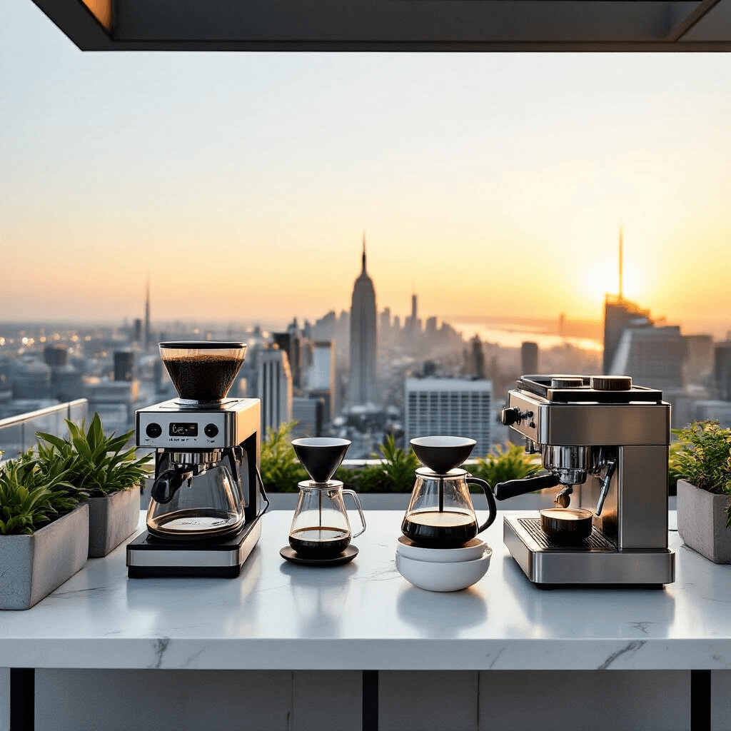 The Ultimate Guide to Drip Coffee Makers: Brewing Perfection Made Easy Modern rooftop coffee workshop with minimalist design, showcasing sleek drip coffee makers on white tables against a panoramic city skyline at golden hour, featuring a luxe color palette, geometric planters, and industrial chic elements.