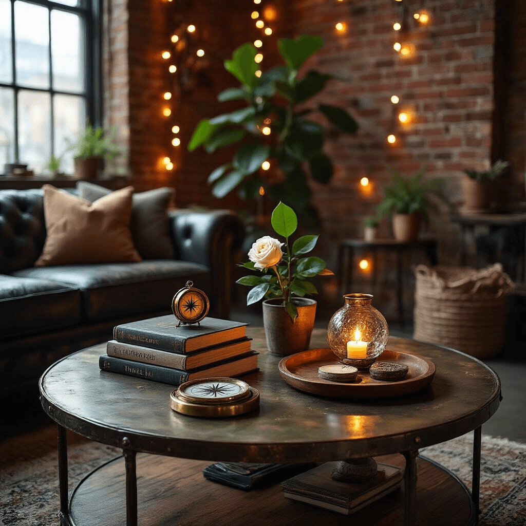 Styling a Round Coffee Table: The Ultimate Guide to Creating a Stunning Centerpiece Moody shot of a stylishly eclectic coffee table in a fairy-lit urban loft, featuring a vintage brass compass, travel photography books, a fiddle leaf fig, and a single white rose in a Moroccan tea glass, set against exposed brick walls and warm wood tones.