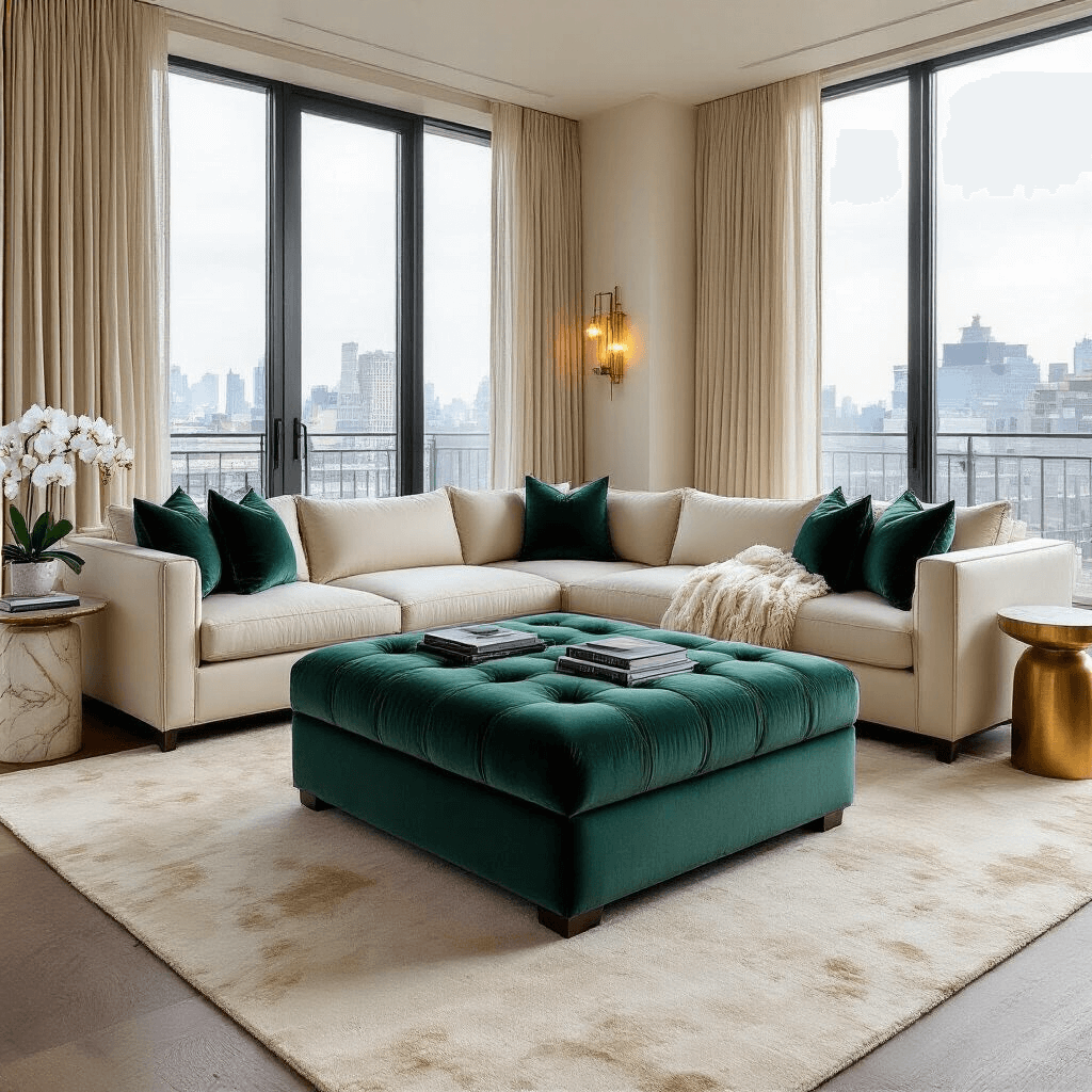 Ottoman Coffee Tables: The Ultimate Versatile Furniture Piece for Modern Living Spaces Wide-angle shot of a modern living room featuring a deep emerald velvet ottoman coffee table on a cream silk rug, surrounded by an ivory leather sectional sofa. The room is illuminated by morning light through floor-to-ceiling windows, showcasing rich jewel tones, gold accents, a marble side table with white orchids, and a cozy cashmere throw.