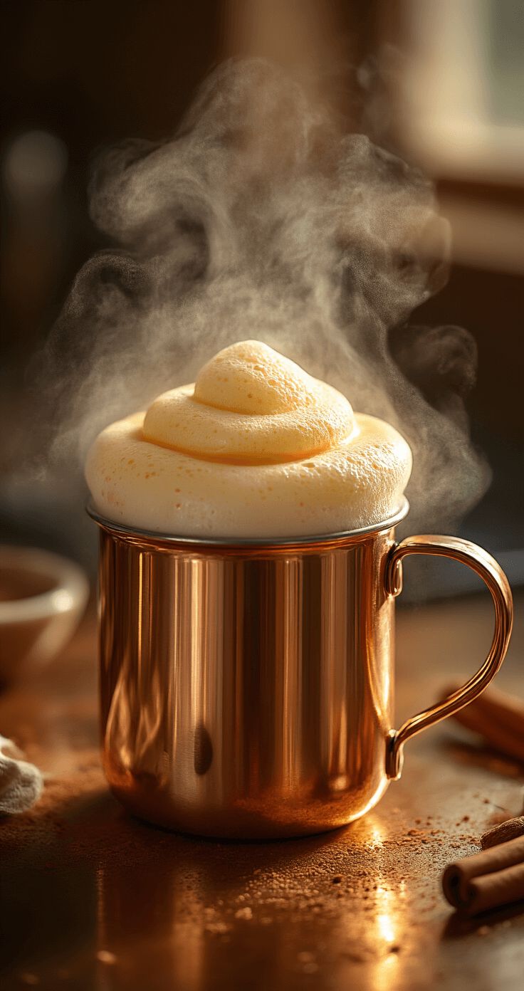 Homemade Pumpkin Spice Latte: Your Ultimate Fall Comfort Drink Dramatic overhead view of a milk frother creating luxurious microfoam in a pumpkin milk mixture, with warm golden hour lighting enhancing the velvety texture and reflecting off a copper-toned kitchen counter, surrounded by cinnamon-scented steam.