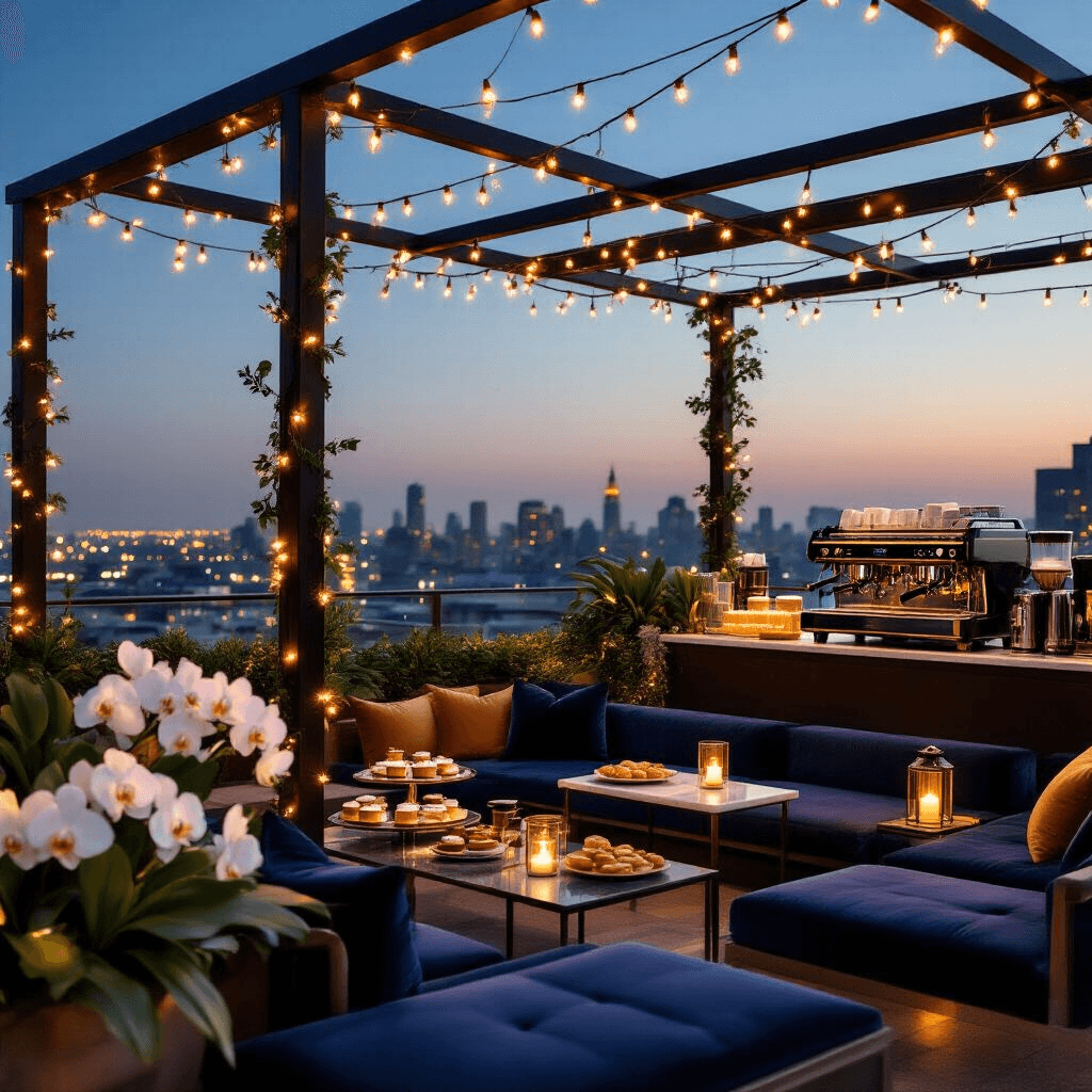 The Ultimate Guide to Coffee Makers: Brewing the Perfect Cup of Joy Cinematic rooftop evening reception featuring plush lounge seating, modern coffee stations, elegant pastries, and soft fairy lights, set against a backdrop of city lights and twilight.