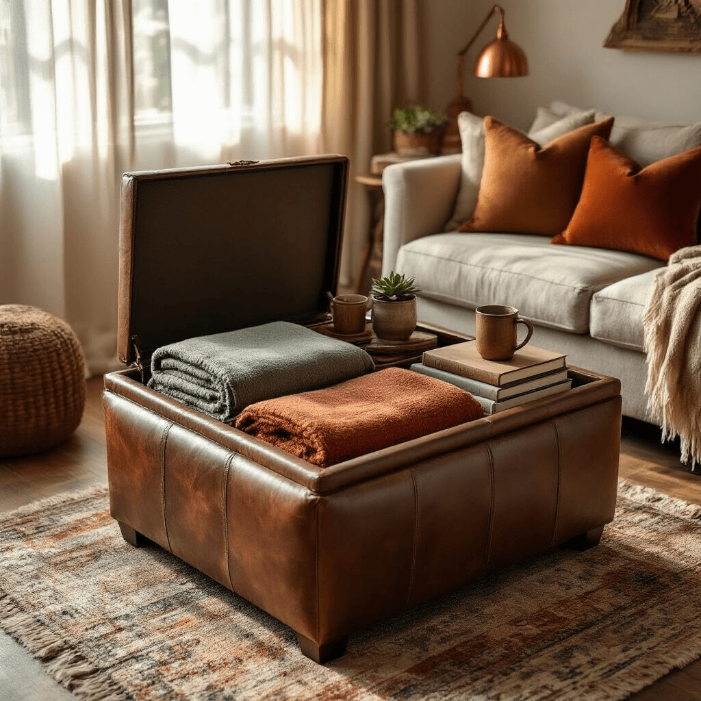 Ottoman Coffee Tables: The Ultimate Versatile Furniture Piece for Modern Living Spaces Overhead view of a cozy living room with a rustic leather storage ottoman coffee table, filled with sage and terracotta wool blankets, surrounded by vintage books, ceramic mugs, and a succulent arrangement, illuminated by warm sunlight through sheer curtains, on textured wooden floors.