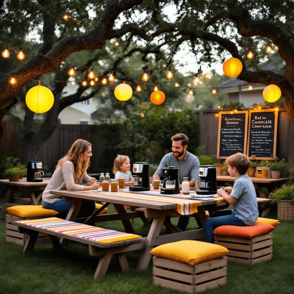 The Ultimate Guide to Hamilton Beach Coffee Makers: Brewing Perfection in Every Cup Cinematic wide shot of a family-friendly coffee education workshop in a stylish backyard, featuring low picnic tables with colorful runners, coffee makers, hot chocolate stations, and whimsical lighting among oak trees, with a joyful atmosphere enhanced by chalkboard signs and rustic centerpieces.