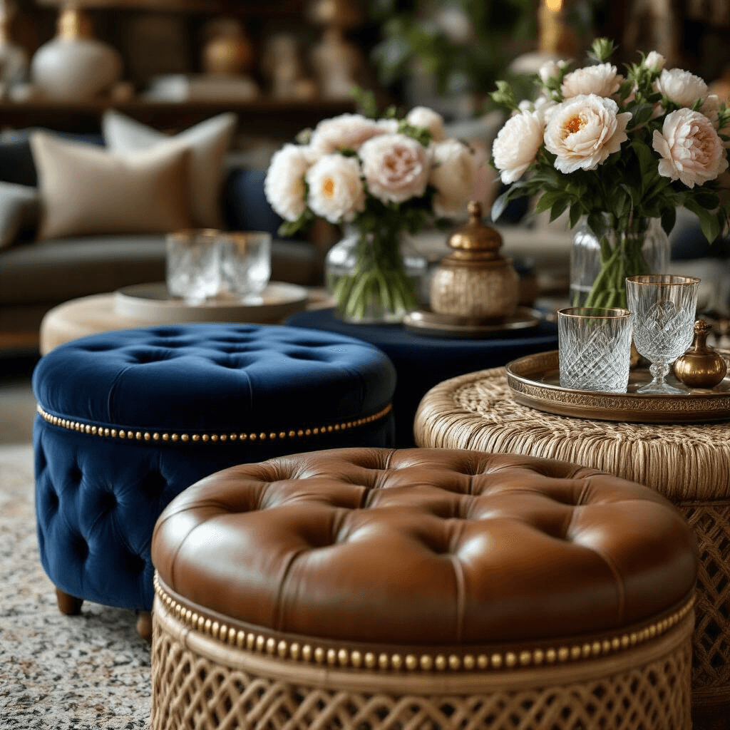 Ottoman Coffee Tables: The Ultimate Versatile Furniture Piece for Modern Living Spaces Close-up shot of luxurious ottoman coffee tables showcasing rich textures including navy velvet, cognac leather, and woven rattan, illuminated by soft studio lighting, with styling props like crystal glassware and fresh peonies.
